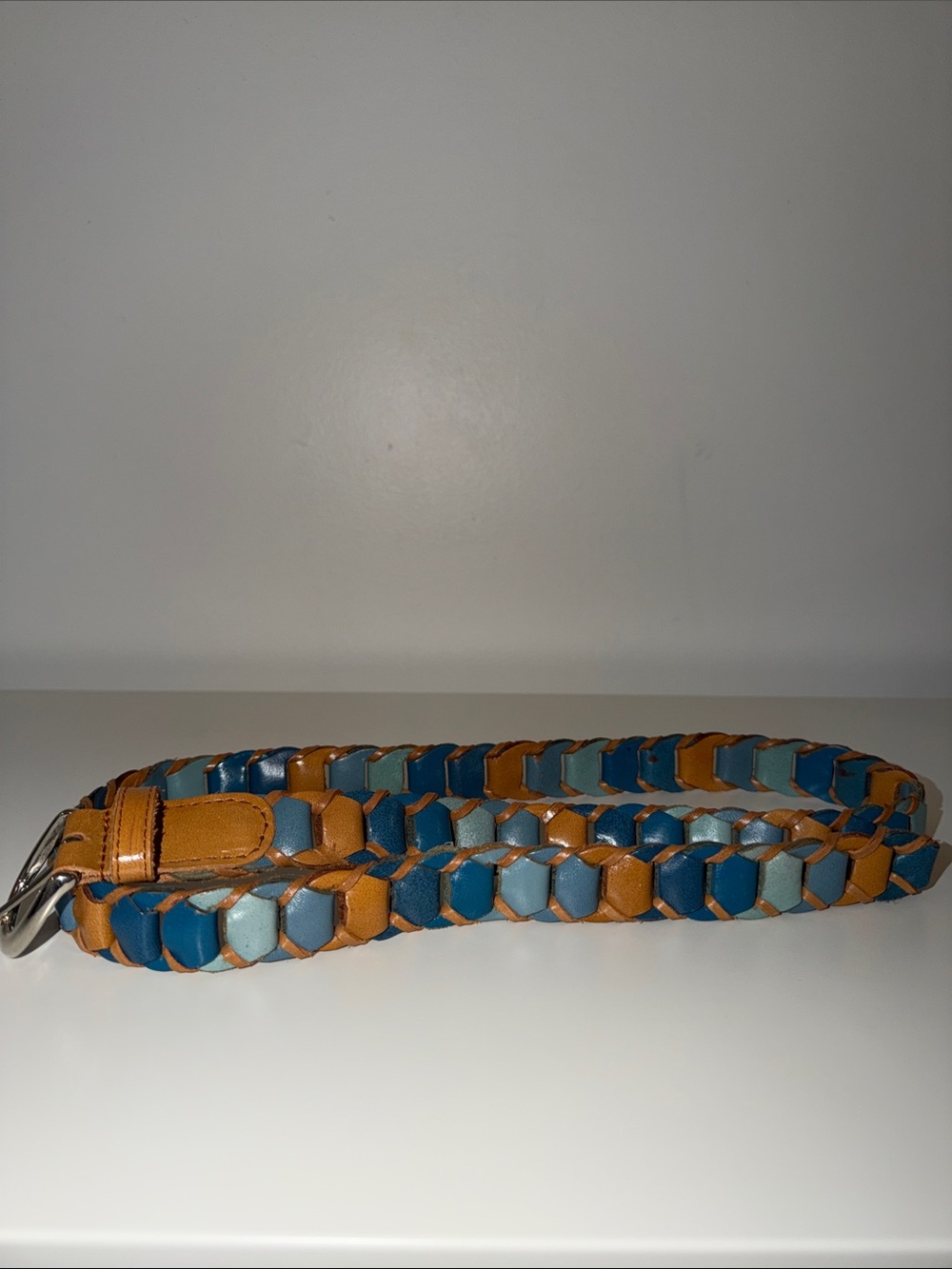 Charter Club Blue & Tan Genuine Leather Woven Belt, Sz Large